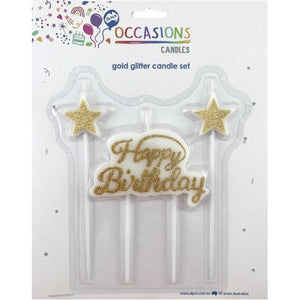 Happy Birthday Candle Plaque and Stars Glitter Gold