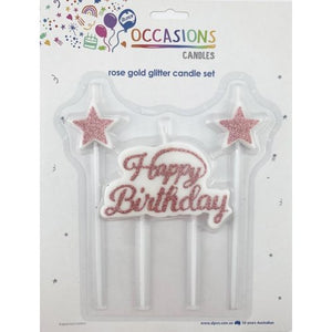 Happy Birthday Candle Plaque and Stars Glitter Rose Gold