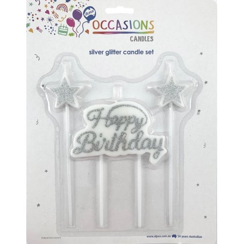 Happy Birthday Candle Plaque and Stars Glitter Silver