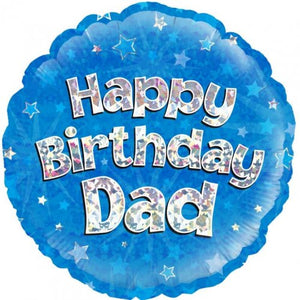 Happy Birthday Dad Blue Holographic Round Foil Balloon UNINFLATED