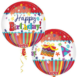 Happy Birthday Stripes & Burst Foil Orbz Balloon UNINFLATED