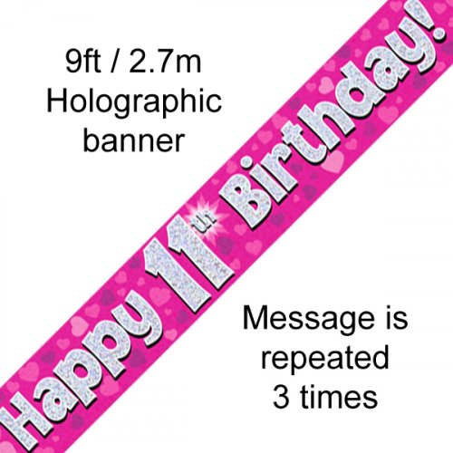 Pink Holographic 11th Happy Birthday Foil Banner