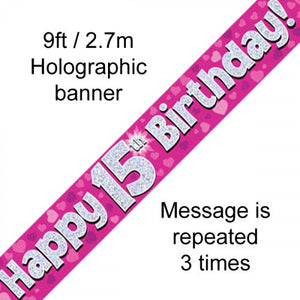 Pink Holographic 15th Happy Birthday Foil Banner