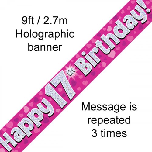 Pink Holographic 17th Happy Birthday Foil Banner
