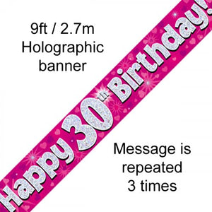 Pink Holographic 30th Happy Birthday Foil Banner