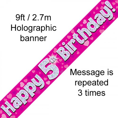 Pink Holographic 5th Happy Birthday Foil Banner