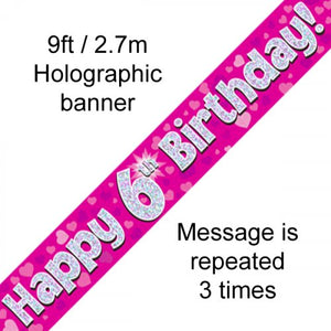 Pink Holographic 6th Happy Birthday Foil Banner