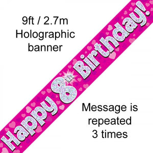 Pink Holographic 8th Happy Birthday Foil Banner