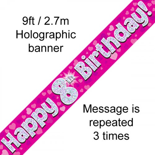Pink Holographic 8th Happy Birthday Foil Banner