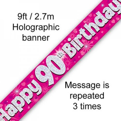 Pink Holographic 90th Happy Birthday Foil Banner