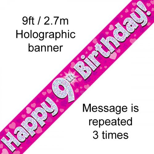 Pink Holographic 9th Happy Birthday Foil Banner
