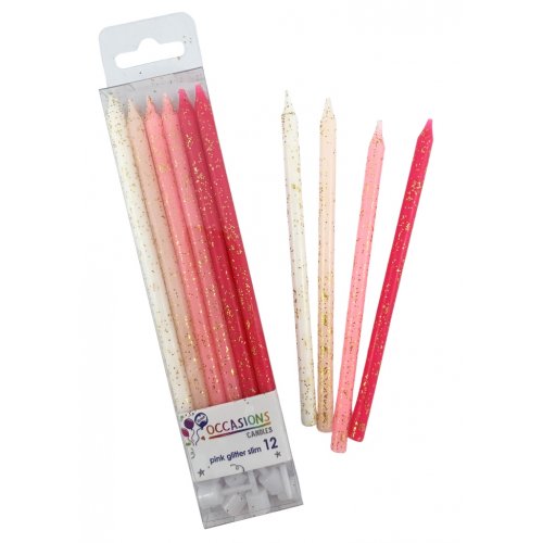 Pinks Glitter Slim Candles 120mm with Holders