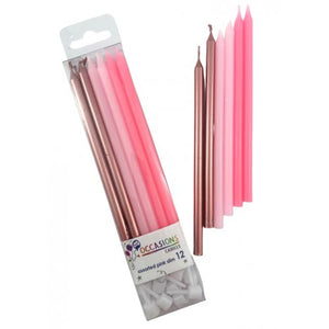 Pinks & Metallic Slim Candles 120mm with Holders