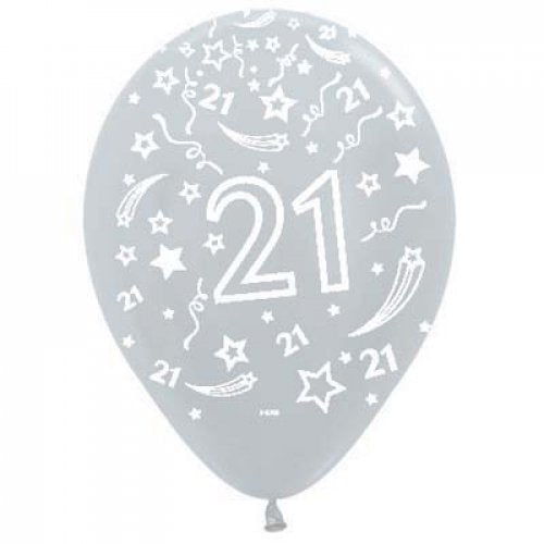 11 Inch Printed 21 Satin Silver Sempertex Latex Balloon UNINFLATED