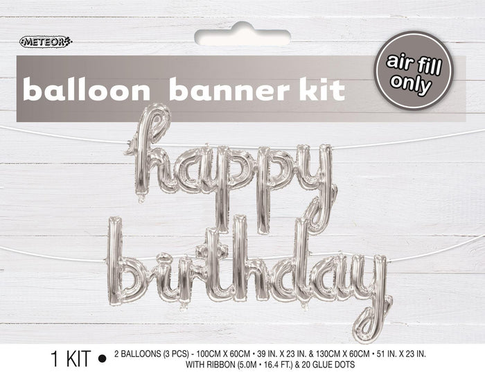 Silver Happy Birthday Foil Balloon Banner Kit - Air Fill Only