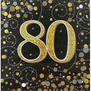 Sparkling Fizz Black Gold 80th Birthday Napkins - Pack of 16