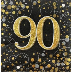 Sparkling Fizz Black Gold 90th Birthday Napkins - Pack of 16