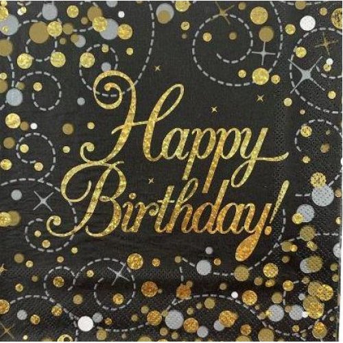 Sparkling Fizz Black Gold Happy Birthday Napkins - Pack of 16