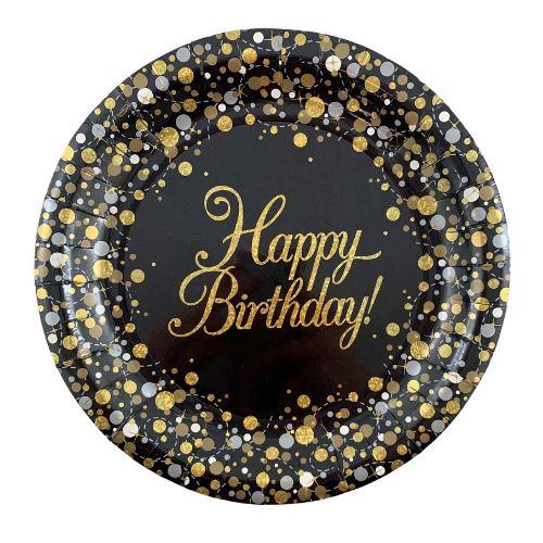 Sparkling Fizz Black Gold Happy Birthday Prismatic Paper Plates - Pack of 8