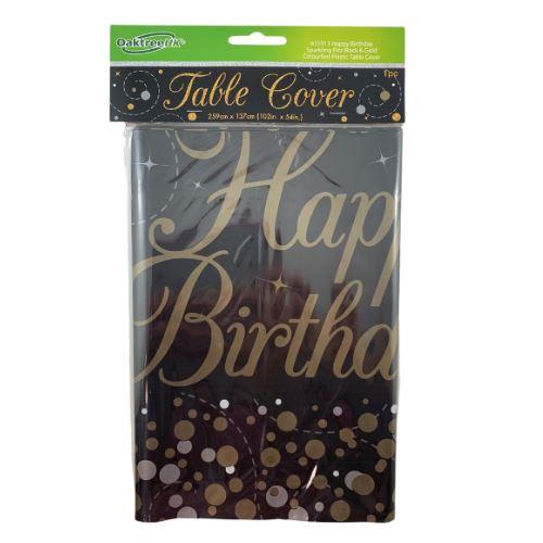 Sparkling Fizz Black Gold Plastic Happy Birthday Printed Rectangle Tablecover