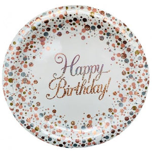 Sparkling Fizz Rose Gold Happy Birthday Paper Plates - Pack of 8
