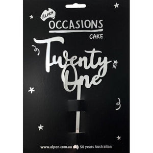 Twenty One Silver Acrylic Cake Topper