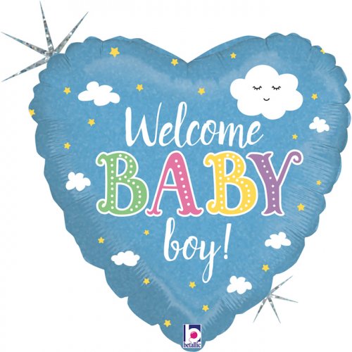18 Inch Welcome Baby Boy Heart Foil Balloon UNINFLATED